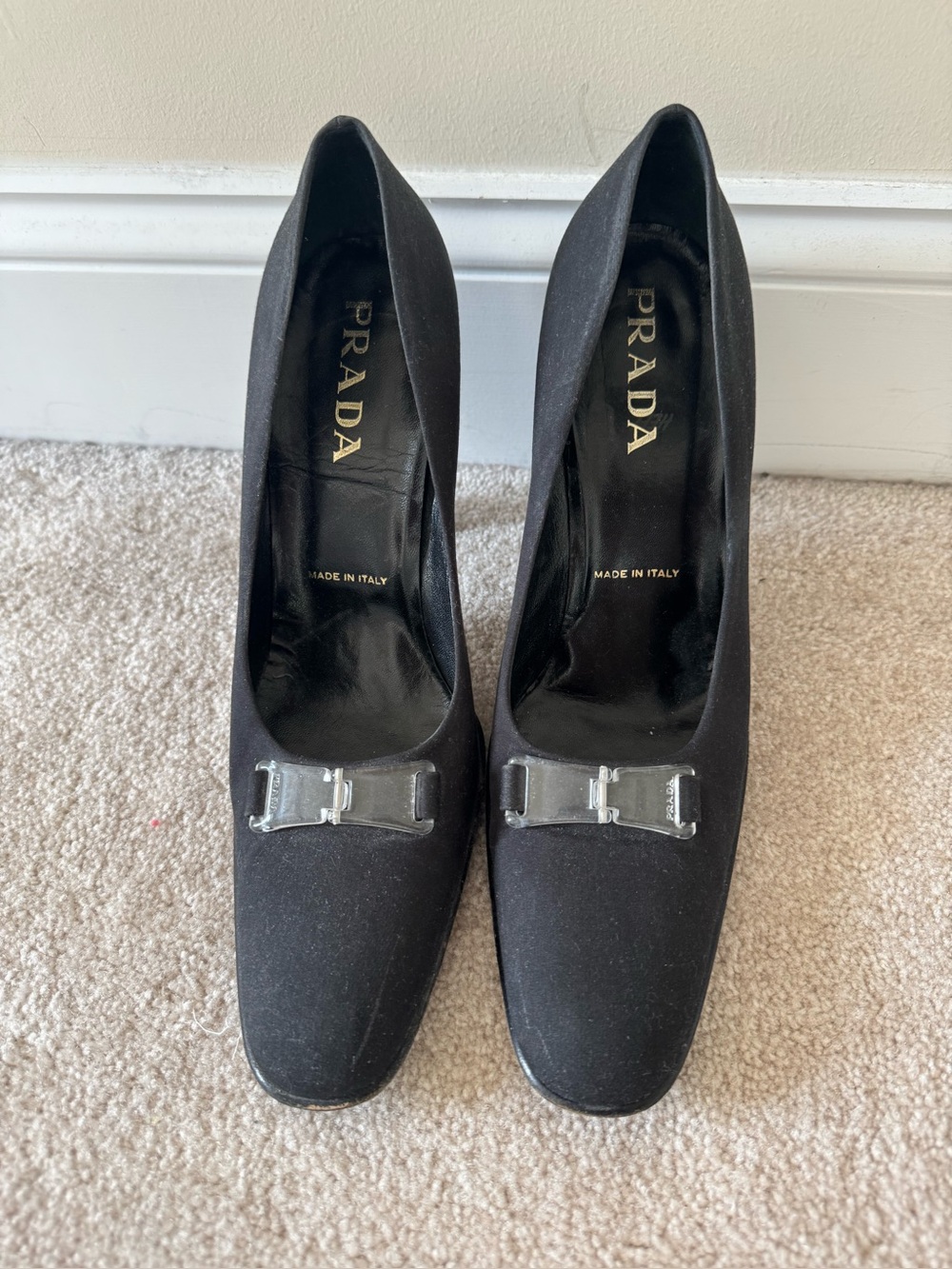 Prada Black Satin Bow-Trim Mid Heel Pumps